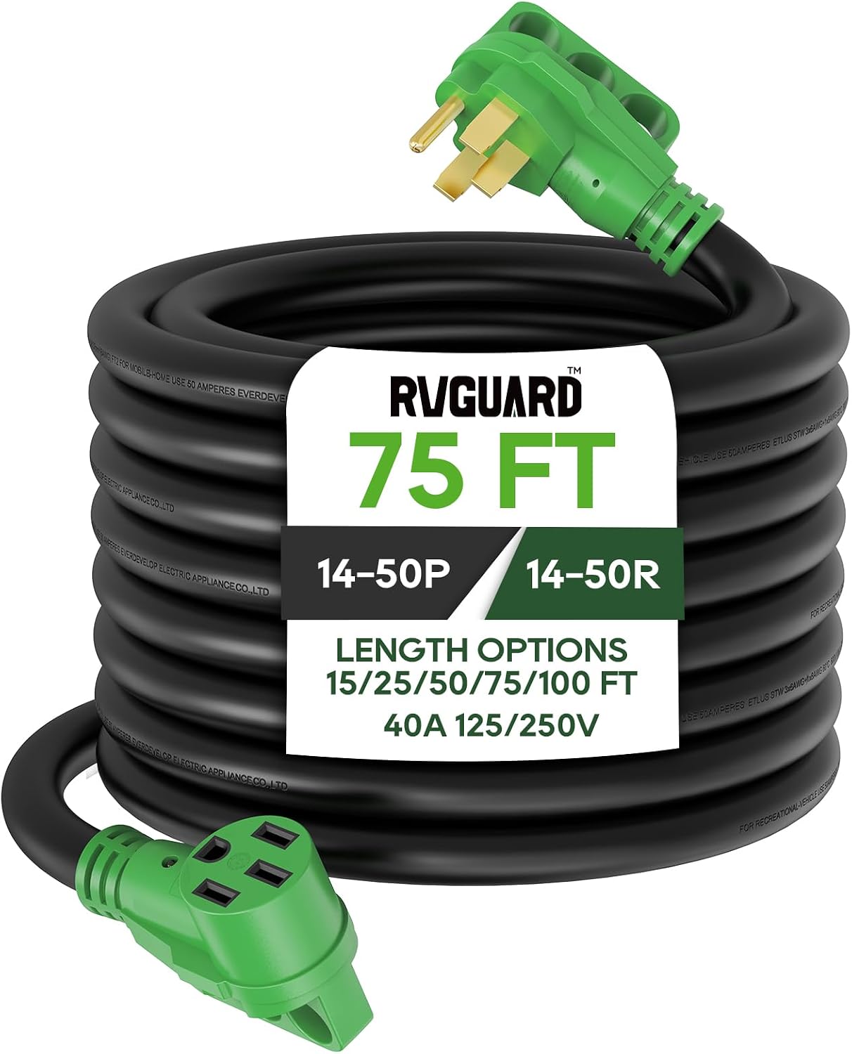 RVGUARD 50 Amp 75 Foot RV/EV Extension Cord, NEMA 14-50P/R Heavy Duty Extension Cord with LED Power Indicator and Cord Organizer, Green, ETL Listed