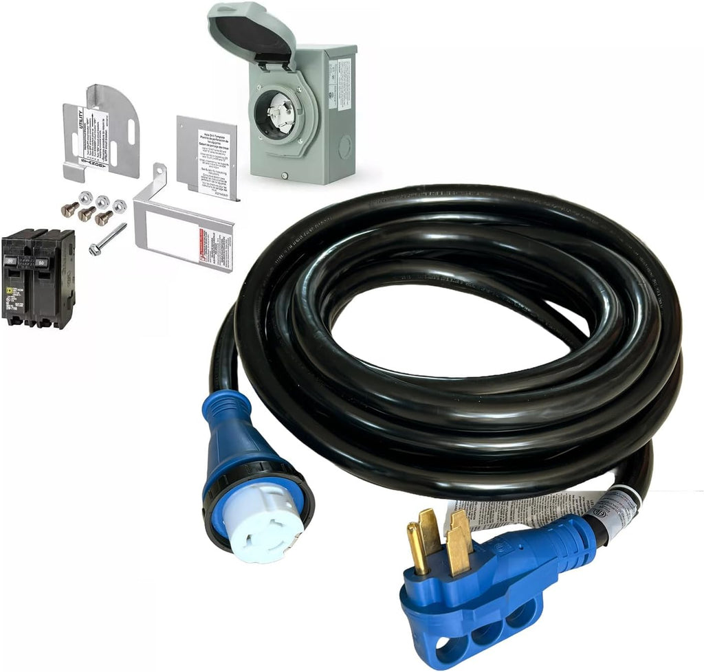 50 Amp Generator Hook-up Kit for Square D 150/200/225 Amp Load Center, 25 Ft Power Cord, Power Inlet Box, Interlock Kit (for Homeline Panel)