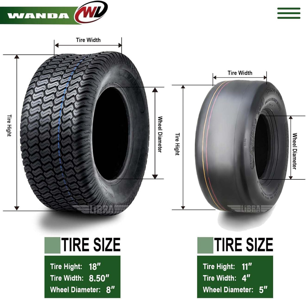 WANDA Set 4 Zero-Turn Lawn Mower Turf Tires 11x4-5 Front & 18x8.5-8 Rear /4PR -13204/13028...