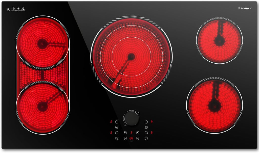 36 Inch Electric Cooktop, 5 Burner Stove Top 9600W, Built in Electric Cooktop 36', Magnetic Knob, Three-ring Burner & BBQ, Timer, Safety Lock, Pause, 220V-240V Hard Wire (No Plug)