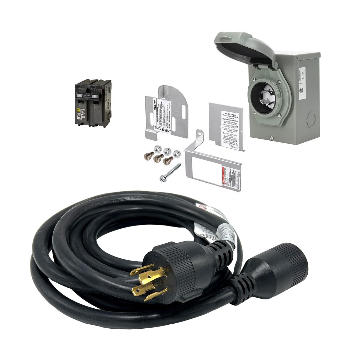 30 Amp Generator to House Hook-up Kit for Square D Homeline 150/200/225 Amp Load Center, Including Generator Cord,Power Inlet Box,Panel Interlock Kit and Circuit Breaker (15 Ft Gen Cord)