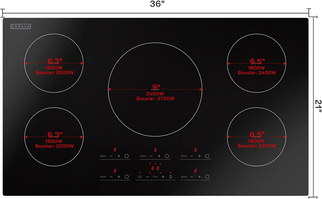 Empava 36 Inch Built-In Electric Induction Cooktop, 5 Zone Smooth Glass Surface, Touch Sensor Panel, Power Boost, Timer Control, Child Lock Feature, Hardwired Kitchen Appliance