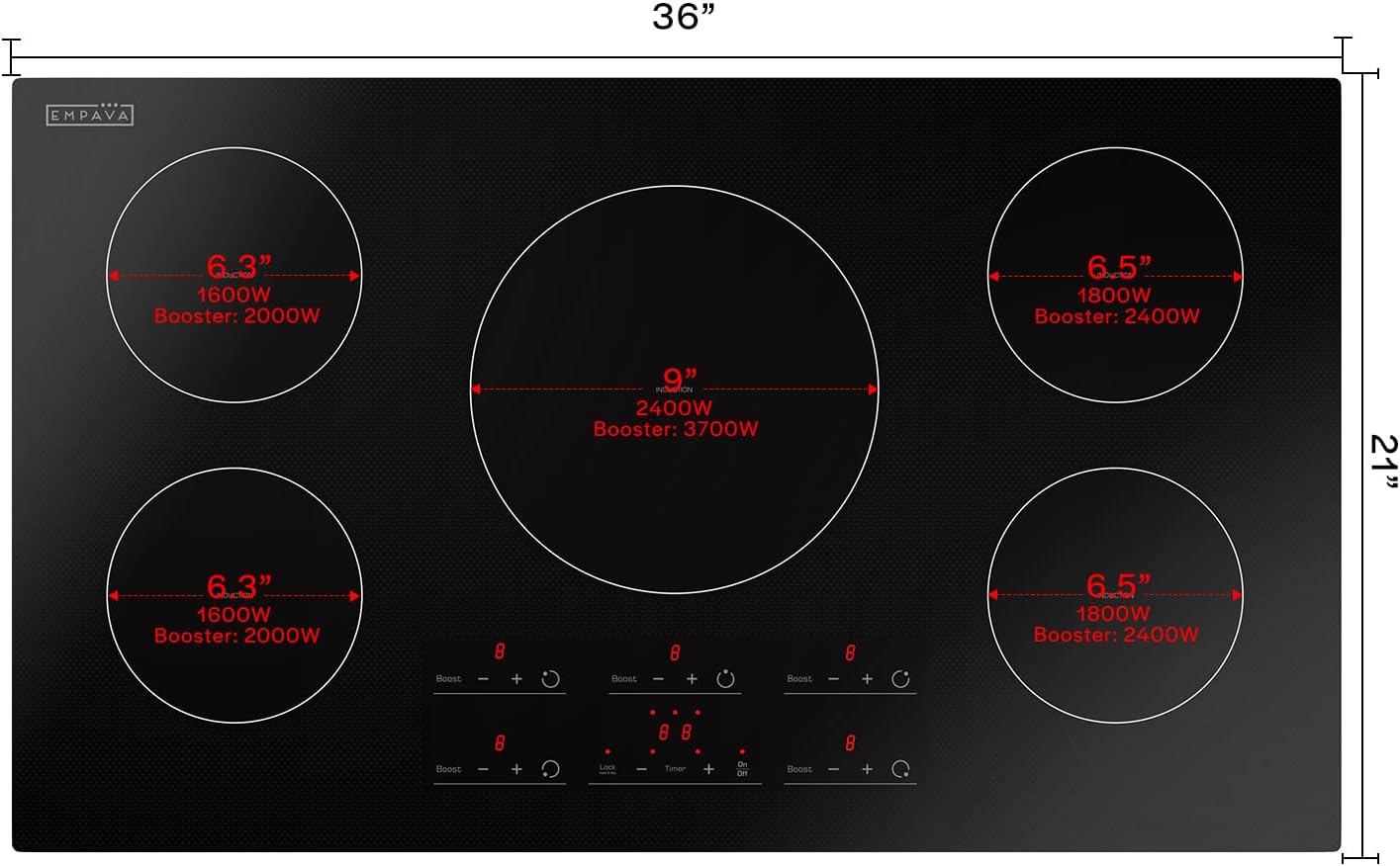 Empava 36 Inch Built-In Electric Induction Cooktop, 5 Zone Smooth Glass Surface, Touch Sensor Panel, Power Boost, Timer Control, Child Lock Feature, Hardwired Kitchen Appliance