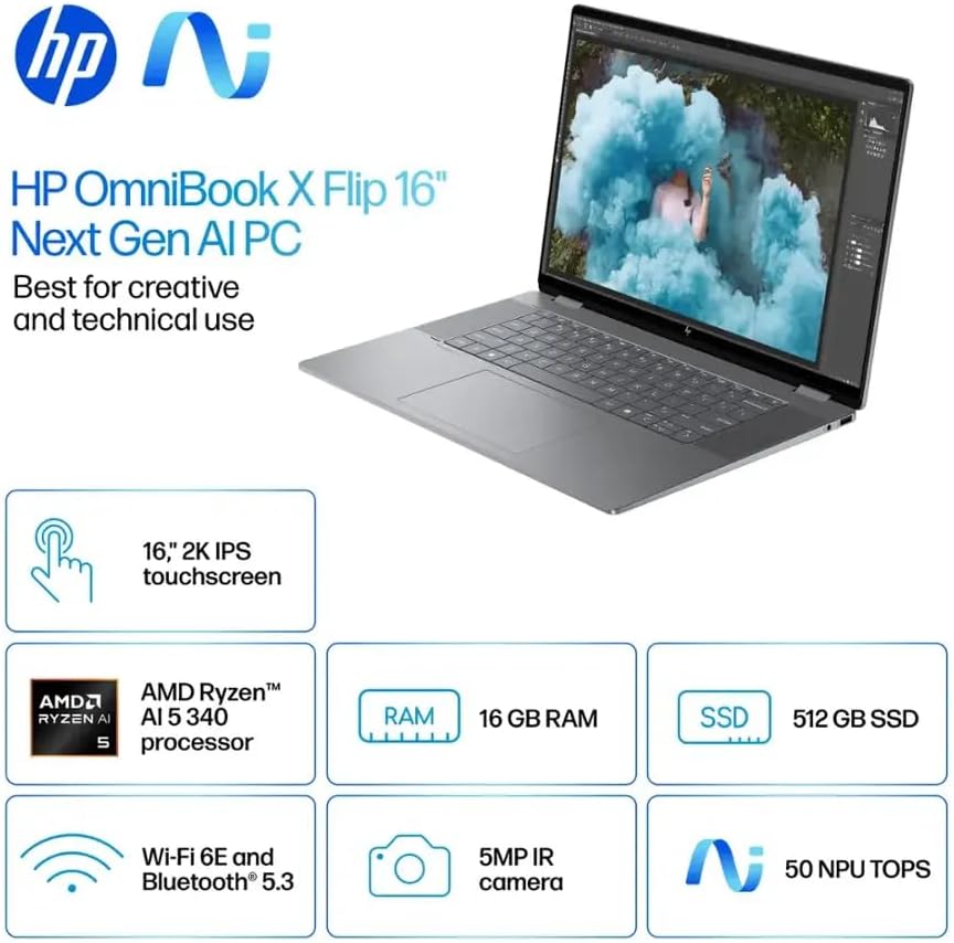 HP OmniBook X FILP Copilot+ PC 16 inch 2K Touch 2-in-1 Touchs Laptop, AMD Ryzen AI 5 340, 16GB DDR5 RAM, 512GB SSD, Backlit KB, Copilot+ PC, Windows 11 Home, Meteor Silver, 16-ar0013dx