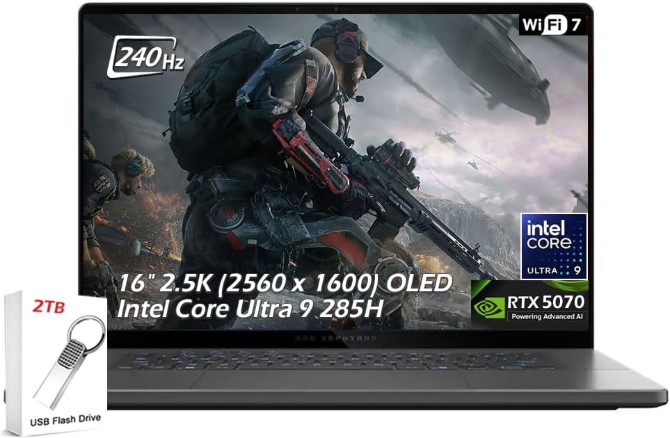 ASUS ROG Zephyrus Gaming Laptop, 16' 2.5K OLED 240Hz 500nits, NVIDIA GeForce RTX5070, Intel Core Ultra 9 285H, 16GB LPDDR5X 1TB SSD, Wi-Fi7, Backlit KB, Win11, Eclipse Gray, w/2TB USB Drive, W/GaLiMu