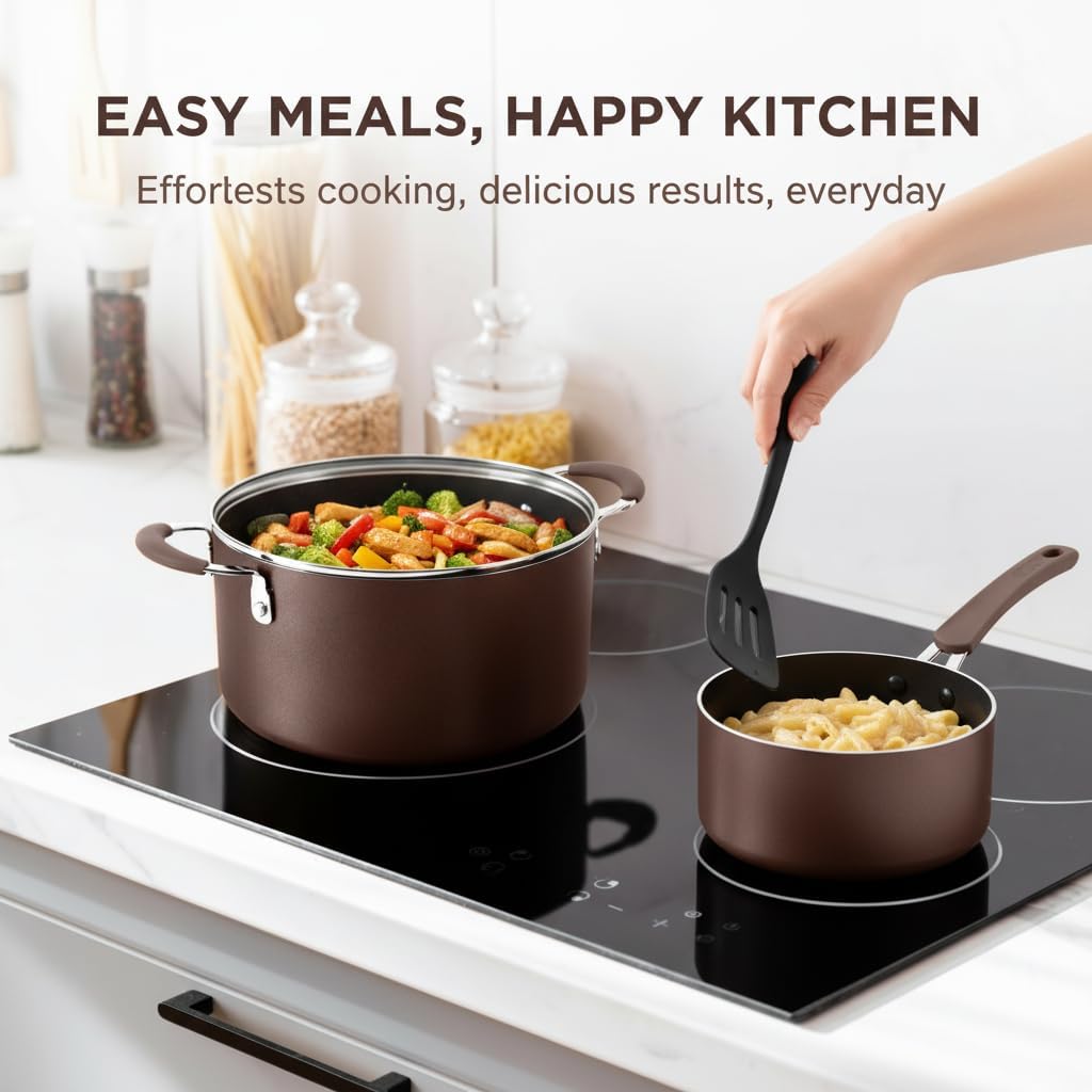NutriChef 14-Piece Nonstick Brown Cookware Set - Scratch-Resistant Kitchen Pots and Pans with Lids & Utensils, For All Cooktops - NCCW14SBR