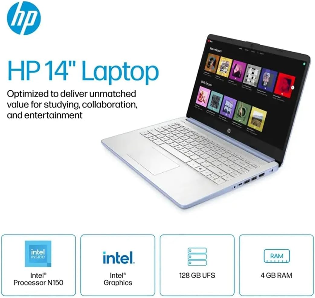 HP 14 Ultra-Light Laptop for Student & Home (14' LED, 1-Year Office 365, Intel 4-Core N150 (>N4120), 4GB RAM, 256GB Storage (128GB+128GB SD)), 11-Hr Long Battery Life, Webcam, Fast Charge, Win 11 S