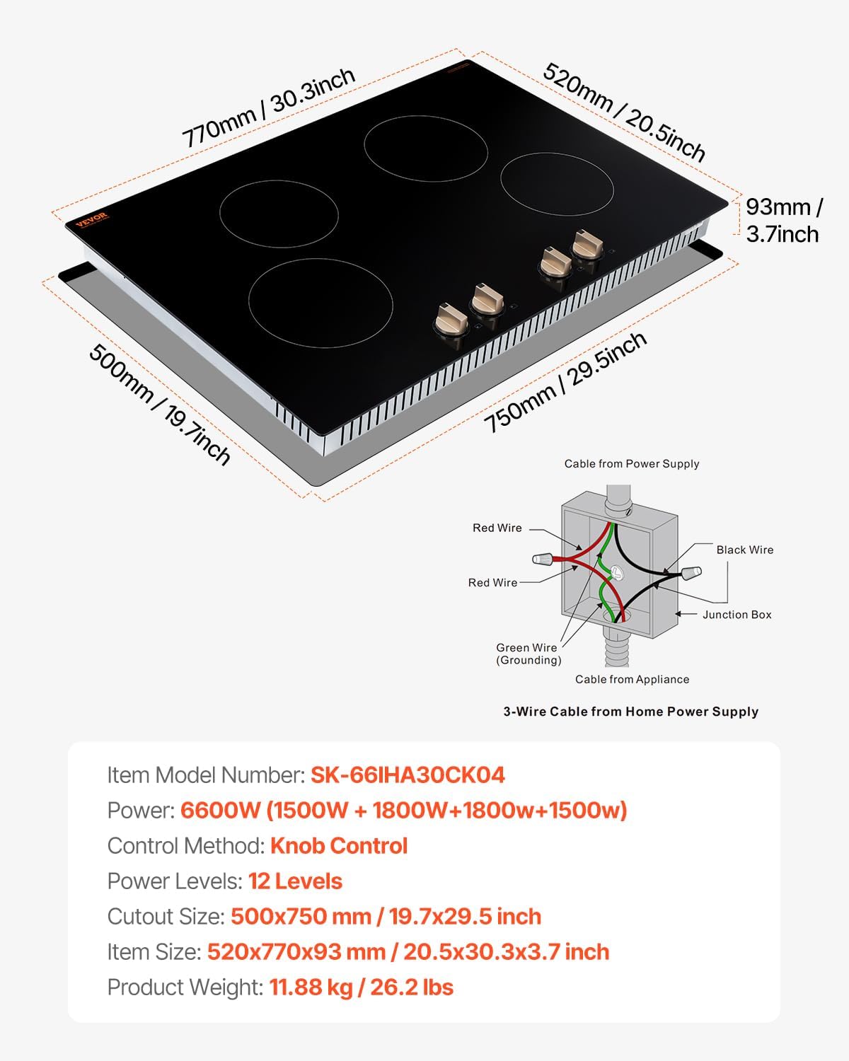 VEVOR Induction Cooktop, 6600W Electric Countertop Burner, 4 Burner Knob Control Stove, Built-in Induction Cooktop with 12 Temperature Settings, Glass Surface, Auto Shut-Off
