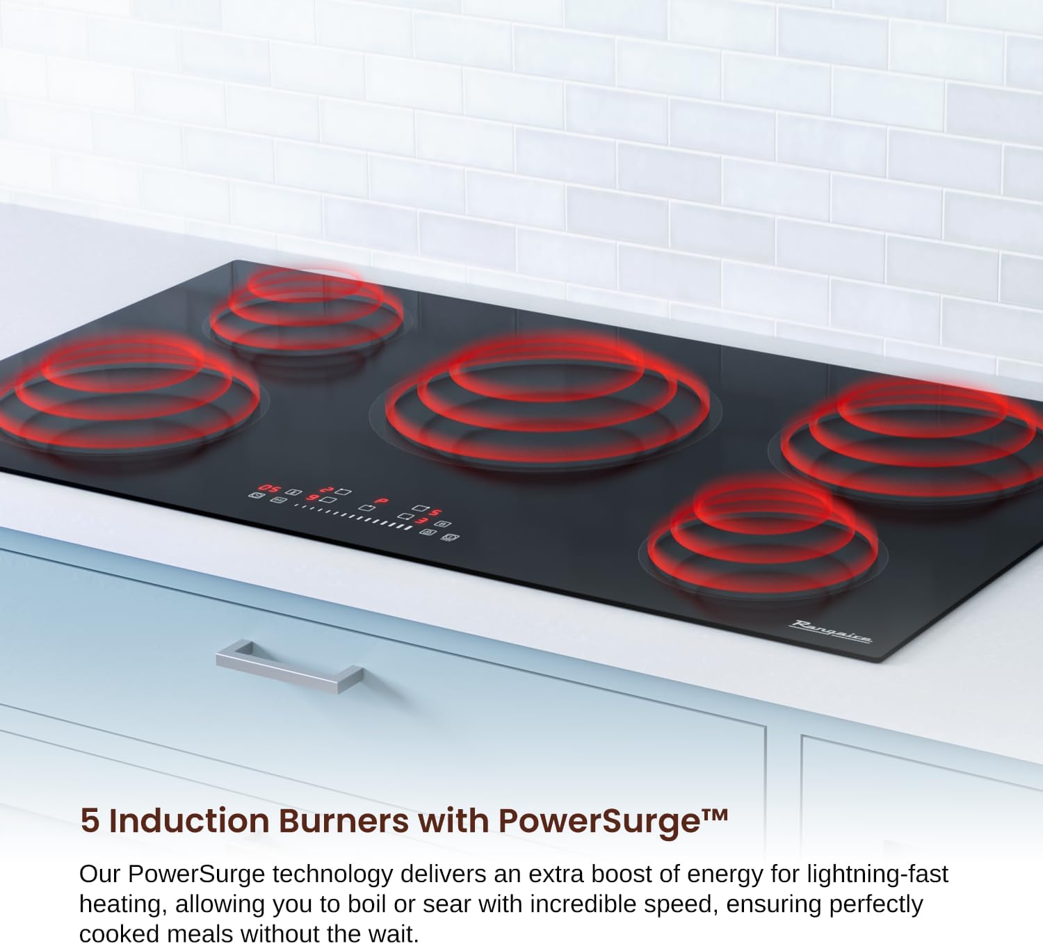 Rangaire RCI361S 36' Induction Cooktop, 10900W, 5 Burners, Built-in Stove Top, Booster & Timer, 9 Power Levels, Slide Touch Control, Child Safety Lock, 240V Hard Wire, Ceramic Surface