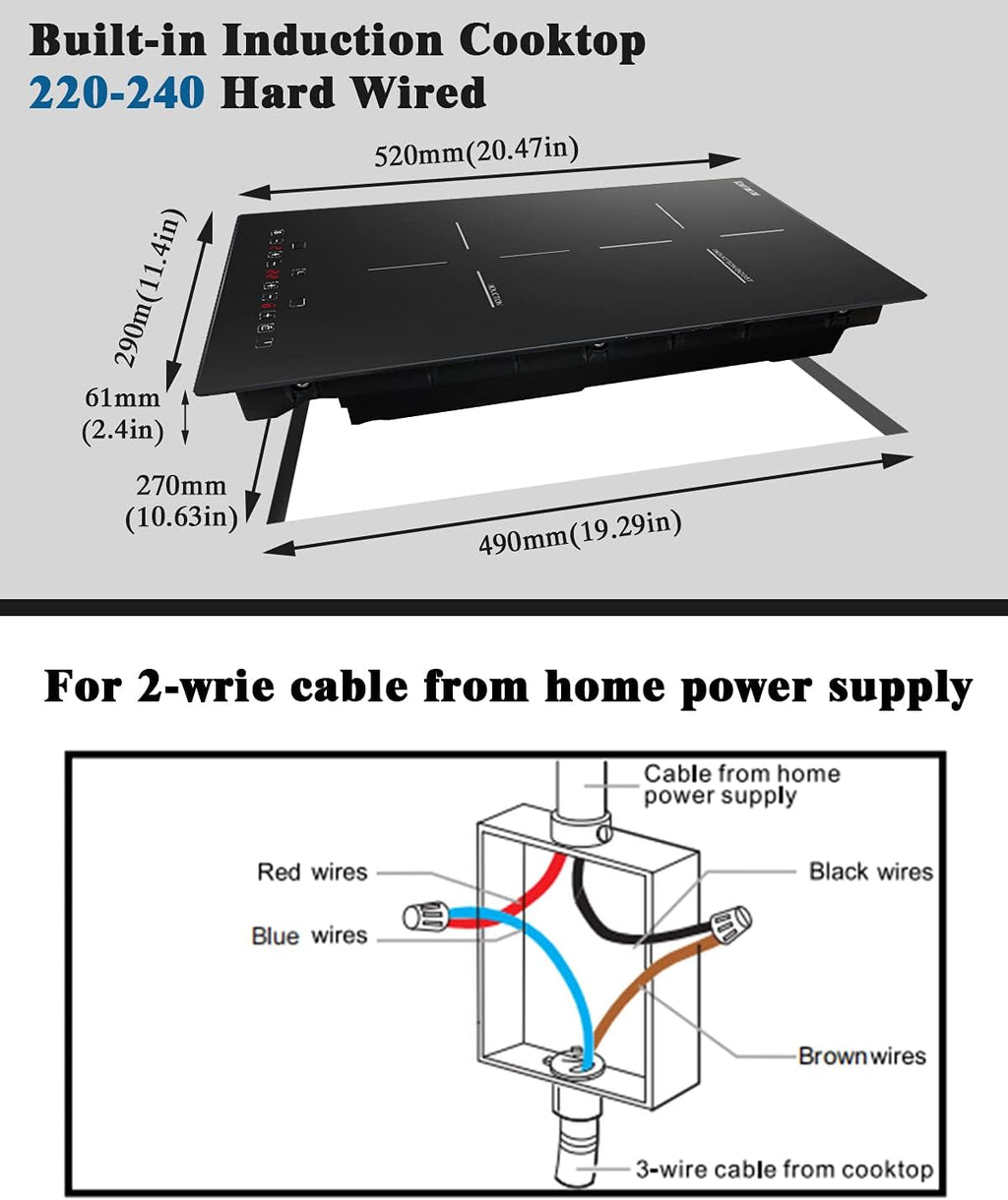 Karinear 12 Inch Induction Cooktop 2 Burner Drop In Electric Cooktop, Induction Stove Top Ceramic Glass with Booster, Child Lock, Timer, Pause function, 220-240V, 3500W, Hard Wire(No Plug)