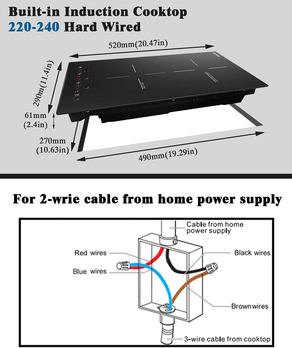 Karinear 12 Inch Induction Cooktop 2 Burner Drop In Electric Cooktop, Induction Stove Top Ceramic Glass with Booster, Child Lock, Timer, Pause function, 220-240V, 3500W, Hard Wire(No Plug)