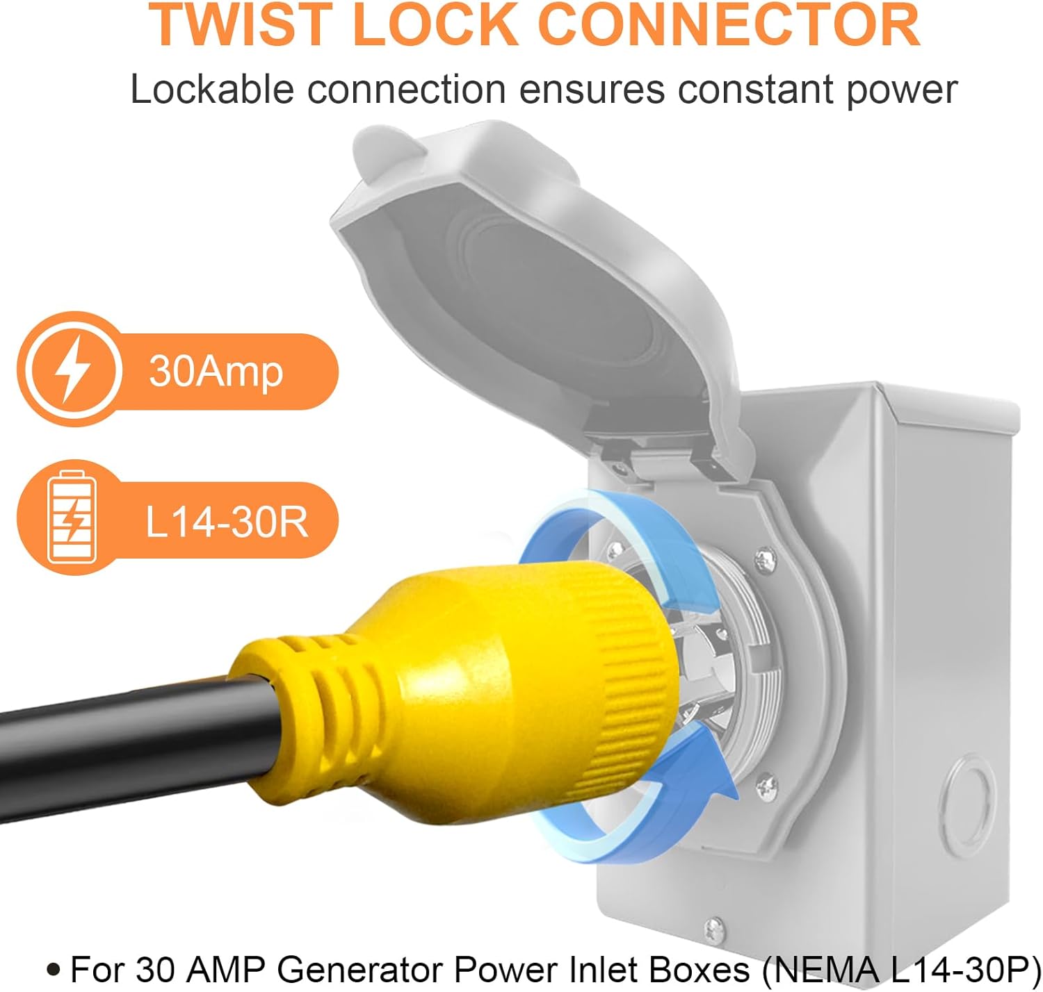 50ft Generator Transfer Switch Adapter Cord NEMA TT-30P to L14-30R, 3 Prong 30 Amp RV Generator TT-30 Male Plug to 4 Prong 30 Amp Inlet Box L14-30 Female Connector, STW 10AWG/3C, ETL Listed