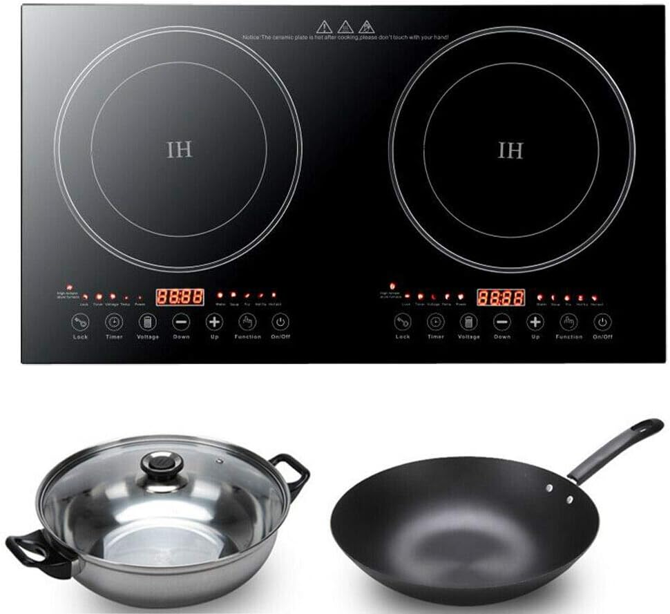 Dual Electric Induction Cooker, 110V 1200w Portable Digital Countertop Double Burner Cooktop Burner Sensor Touch Stove with 8 Gear Firepower, Double Induction Cooktop Cooker Fit for Iron Pot