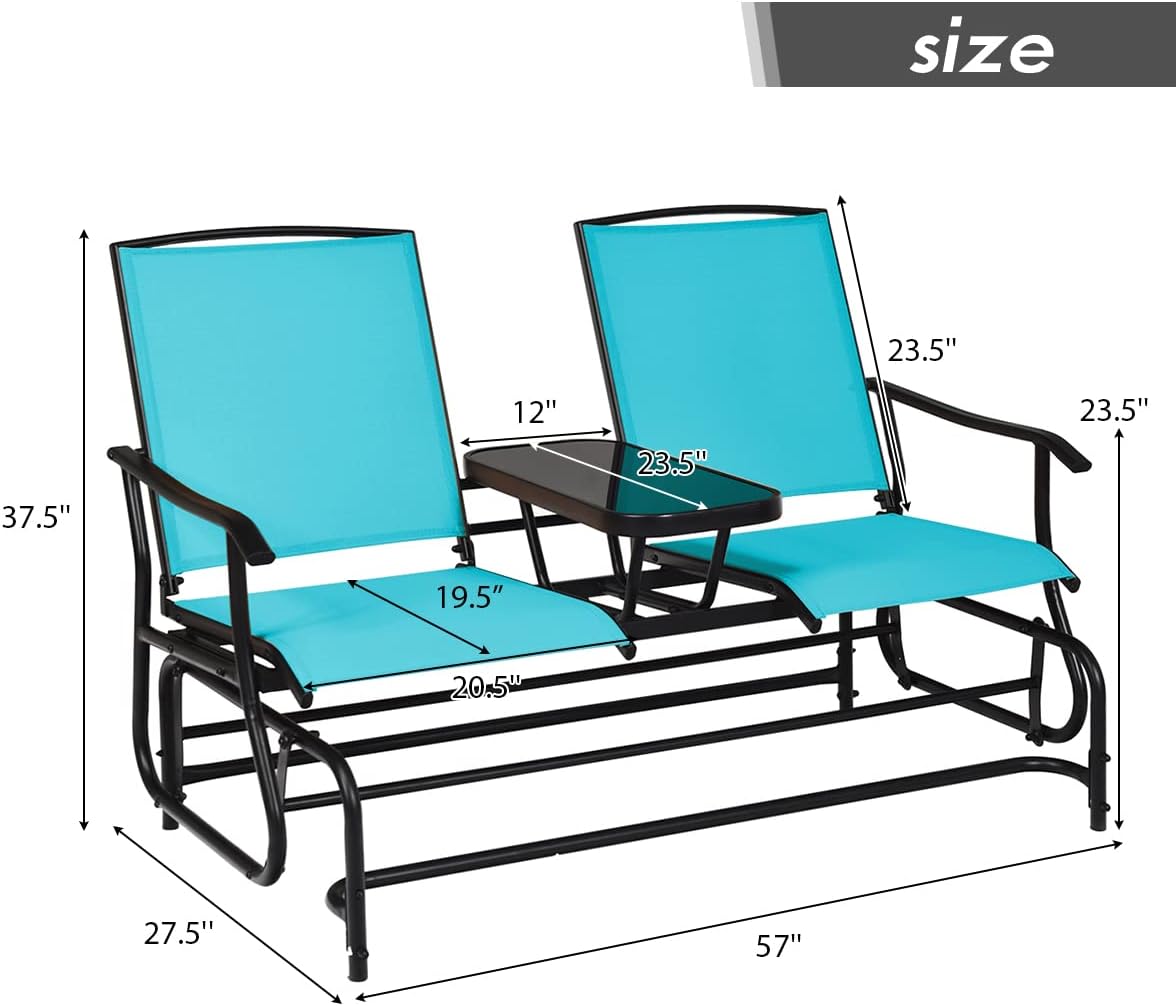 Giantex Patio Bench Glider Chair with Metal Frame, Center Tempered Glass Table, Outside Double Rocking Swing Loveseat for Porch, Garden, Poolside, Balcony, Lawn Rocker Outdoor Glider Bench(Turquoise)