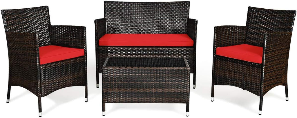 Goplus 4-Piece Rattan Patio Set, Outdoor/Indoor Wicker Conversation Set for Pool, Backyard, Lawn, Wicker Chairs and Sofa with Soft Cushion, Rattan Furniture with Tempered Glass Coffee Table