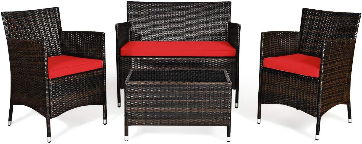 Goplus 4-Piece Rattan Patio Set, Outdoor/Indoor Wicker Conversation Set for Pool, Backyard, Lawn, Wicker Chairs and Sofa with Soft Cushion, Rattan Furniture with Tempered Glass Coffee Table