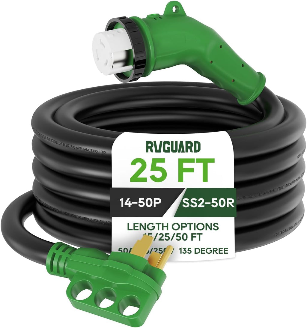 RVGUARD 50 Amp 25 Foot RV Power Cord with 135 Degree, 14-50P to SS2-50R Generator Extension Cord, Heavy Duty STW Cord with LED Power Indicator, Green, ETL Listed