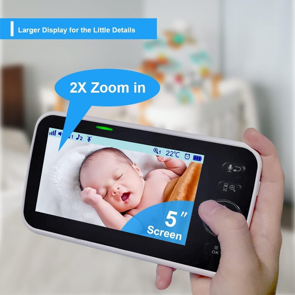 HelloBaby 5' Screen Baby Monitor with 3 Cameras - No WiFi HB6550 Video Baby Monitor, 1000ft Long Range, ECO, 26 Hour Battery, Pan-Tilt-Zoom Night Vision, Temperature Sensor & 2-Way Audio, 8 Lullabies
