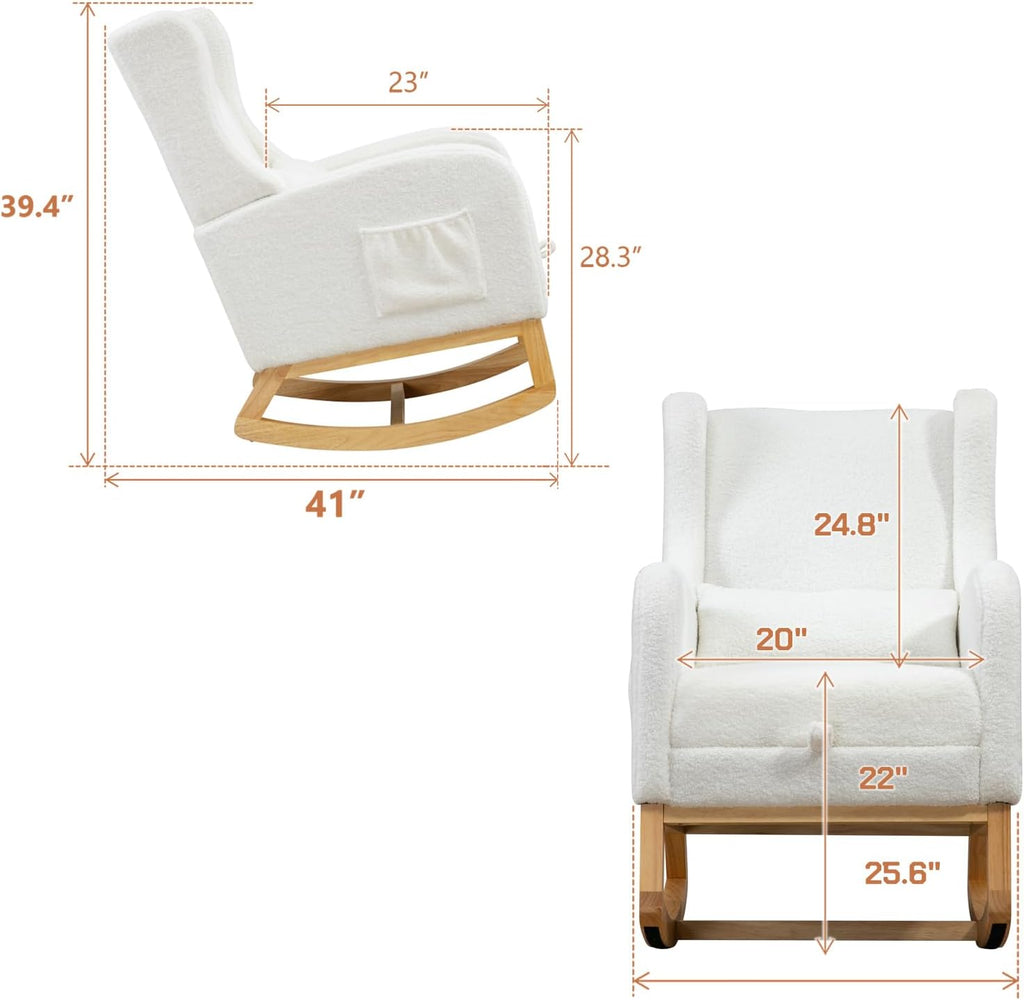 Modern Rocking Chair Nursery Glider, Comfy Rocker Nursery Chair with Foot Rest, Accent Reading Armchair with Pillow and Pocket, Upholstered Lounge Rocker with Solid Wood Base for Relaxing (Ivory)