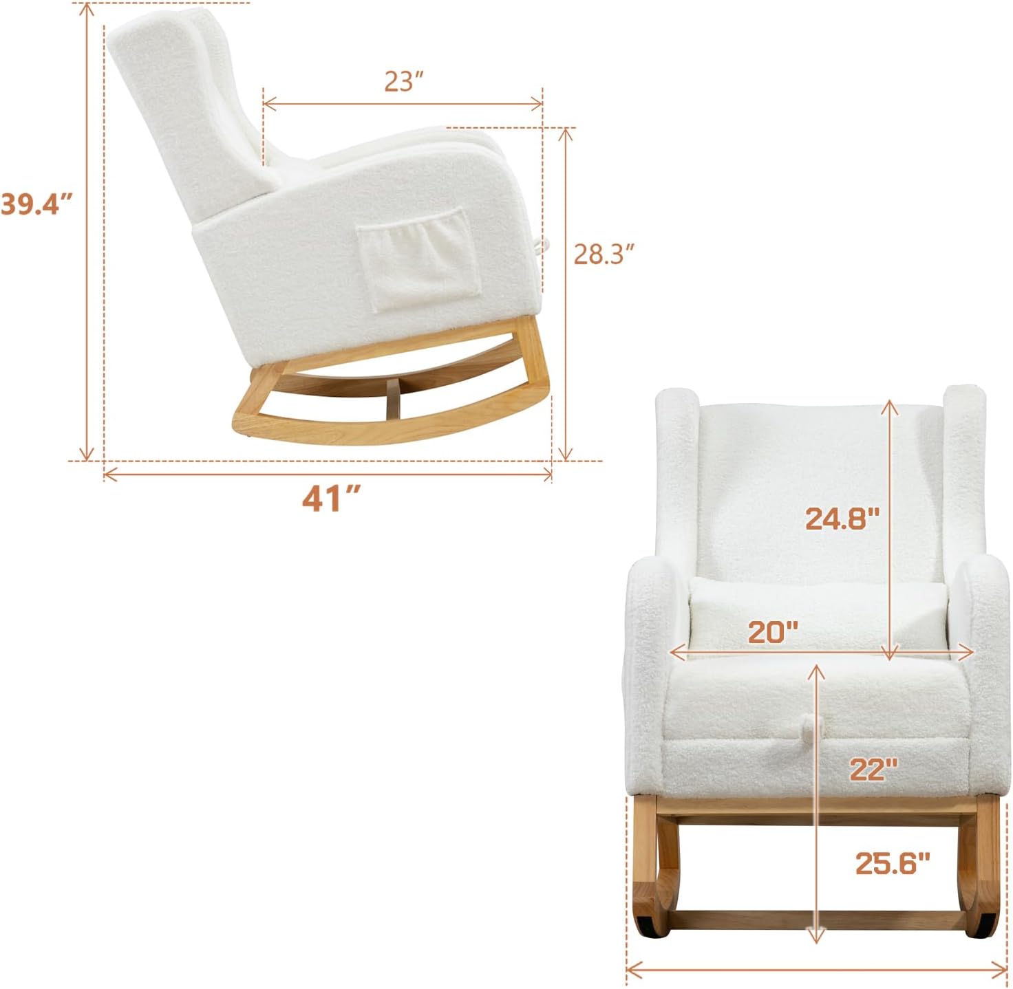 Modern Rocking Chair Nursery Glider, Comfy Rocker Nursery Chair with Foot Rest, Accent Reading Armchair with Pillow and Pocket, Upholstered Lounge Rocker with Solid Wood Base for Relaxing (Ivory)