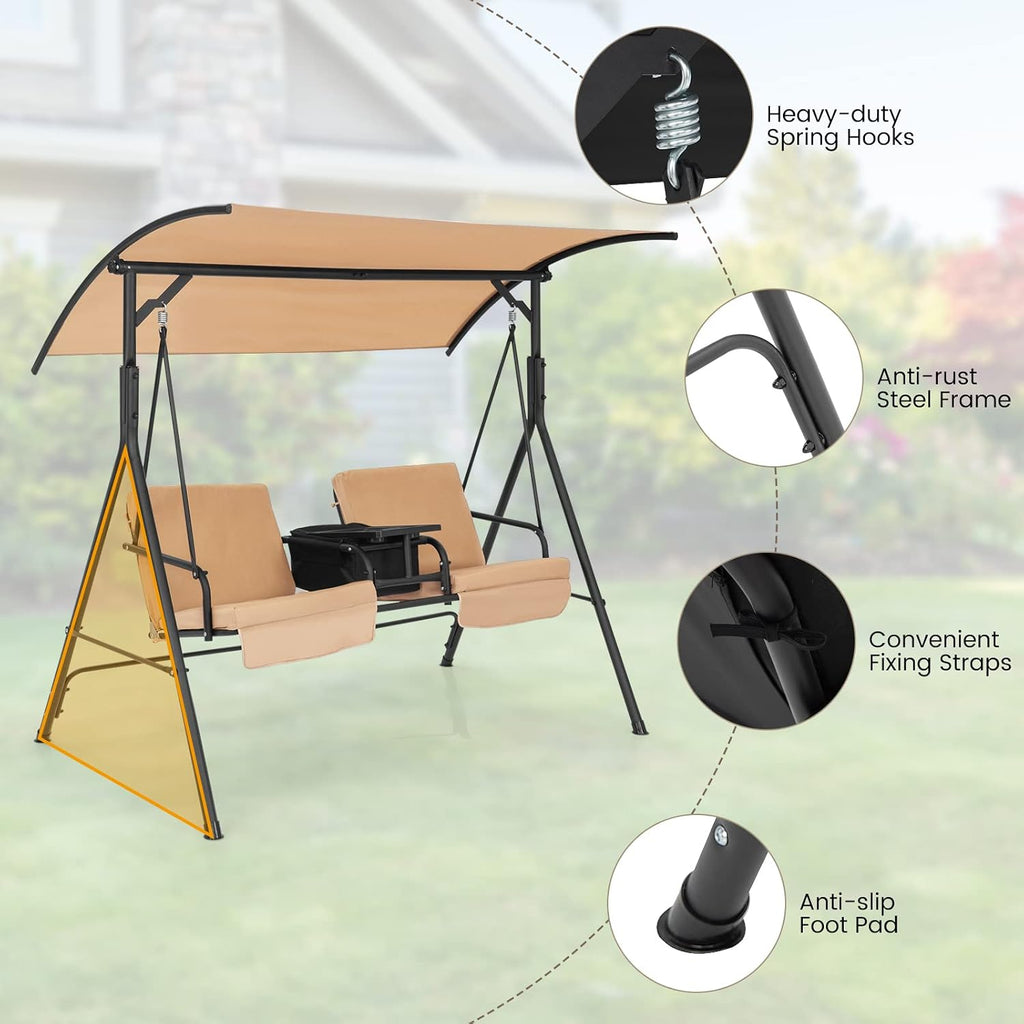 Tangkula 2 Person Porch Swing, Outdoor Swing with Pivot Storage Table, Cooler Bag, 2 Cup Holders, Removable Cushions, Patio Swing with Canopy for Backyard Balcony Poolside (Brown)