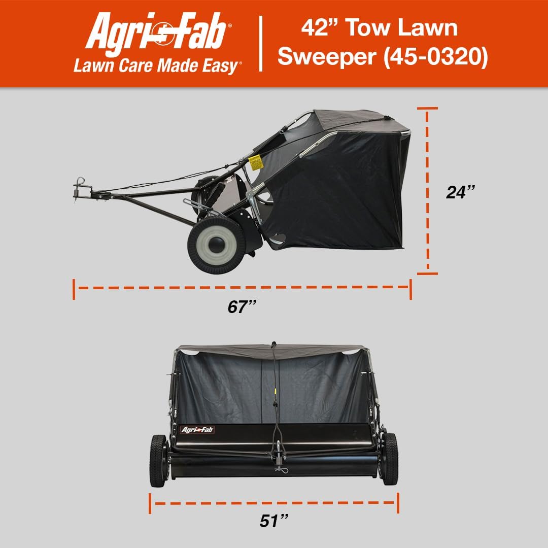 Agri-Fab 45-0320 42' Tow-Behind Lawn Sweeper, 12 cu. ft Hopper Bag Capacity; Leaf & Grass Catcher, with Adjustable Brush Height and Easy to Use Dumping Rope