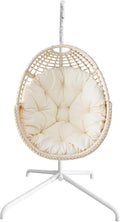 Hanging Egg Chair Swing Chair with Stand Wicker Rattan Chair for Indoor Outdoor Patio Bedroom Hammock Chair with Steel Frame and Cushion Beige
