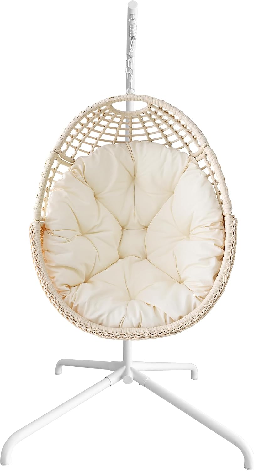Hanging Egg Chair Swing Chair with Stand Wicker Rattan Chair for Indoor Outdoor Patio Bedroom Hammock Chair with Steel Frame and Cushion Beige