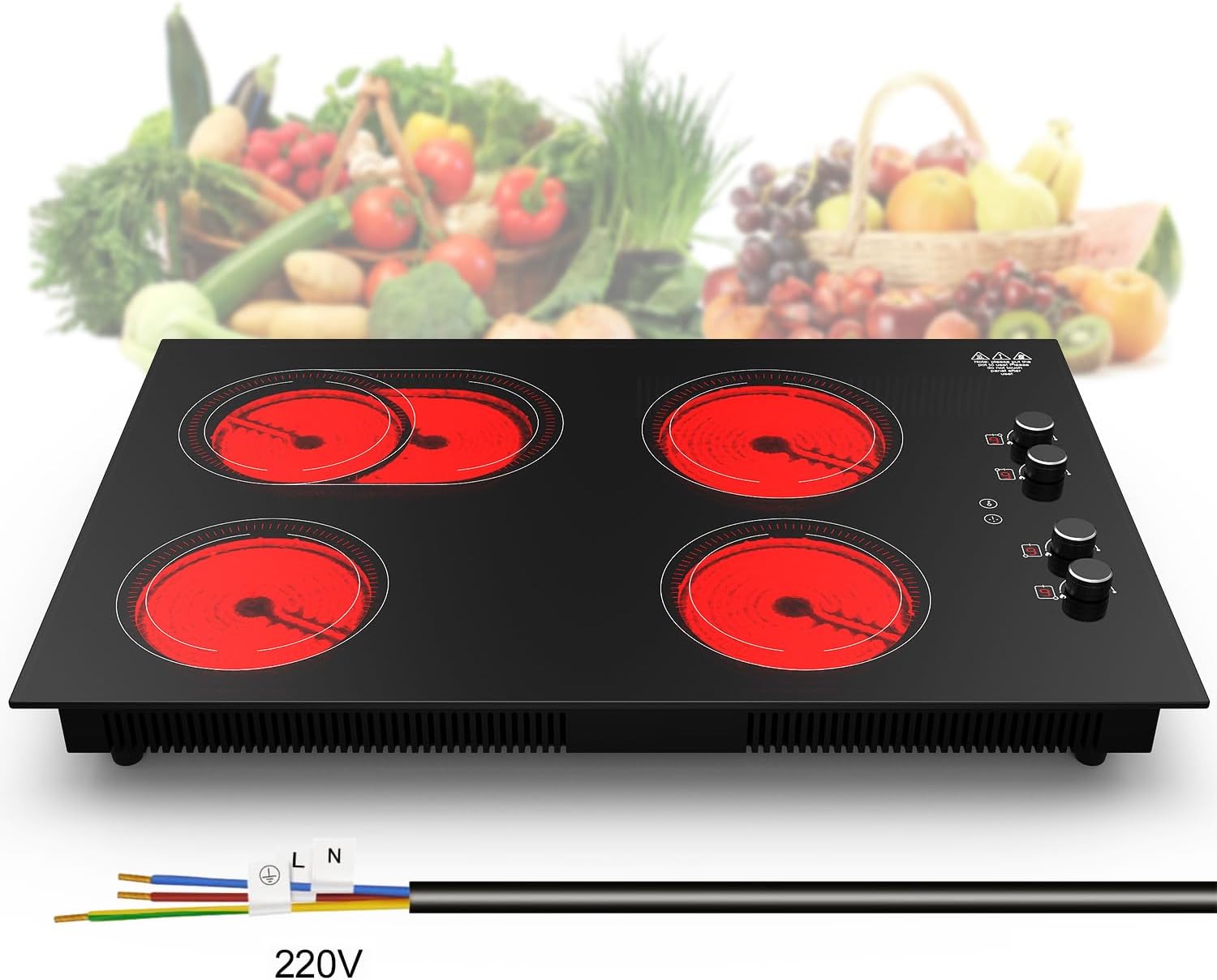GIHETKUT 4 Burner Electric Cooktop,7200W Built-in & Countertop 30 inch stove top with 9 Power Levels, Child Safety Lock & 99 mins Timer, 30 inch Electric Cooktop 220-240V (No Plug)