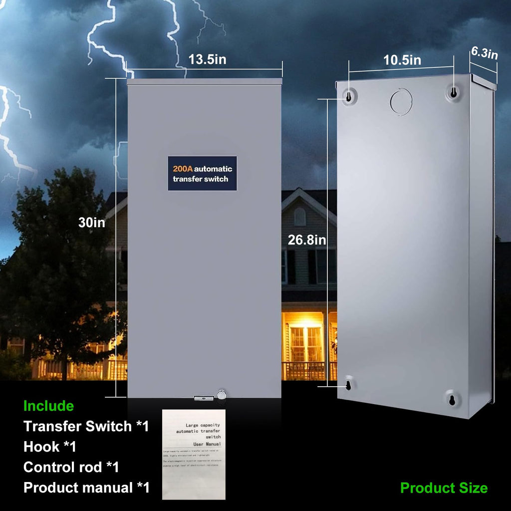 200 Amp Single Phase Automatic Transfer Switch - NEMA 3R Aluminum Enclosure for Outdoor and Indoor Power Management, Service Entrance Rated, Replaces Generac RXSW200A3