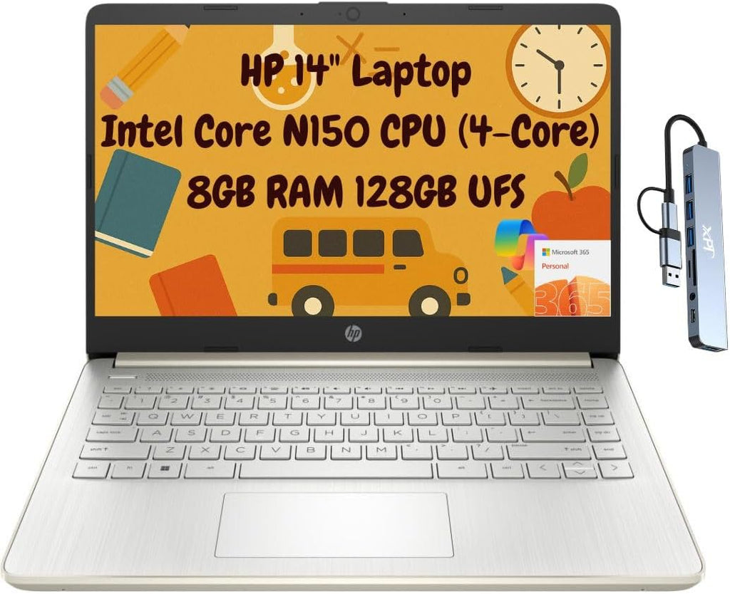 HP 14 Thin Portable Student Laptop 2026, 14' HD, Intel N150, 8GB RAM, 256GB Storage (128GB UFS + 128GB microSD), 1 Year Office 365 1TB Cloud, Wi-Fi 6, HDMI, Docking Station, Webcam, Windows 11, Gold