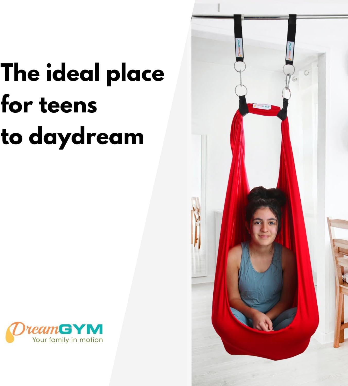 DreamGYM Doorway Sensory Swing - Supports 220lbs, Steel Bar Secured by Brackets - 95% Cotton Compression Swing for Self-Regulation (Red)