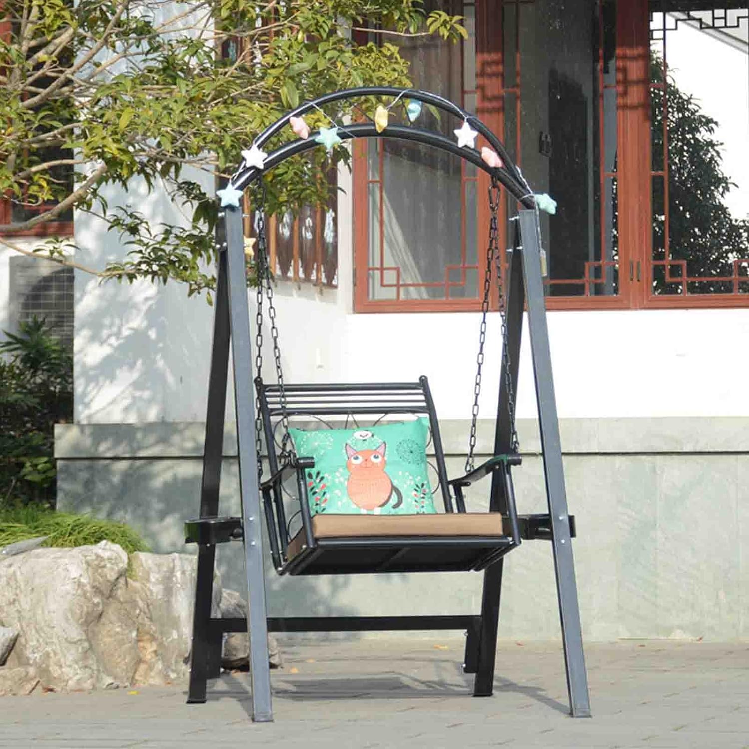 Indoor Adult Rocking Chair Balcony Hanging Basket Hanging Chair Courtyard Garden Outdoor Single Wrought Iron Swing Chair Goos Gifts(Black)