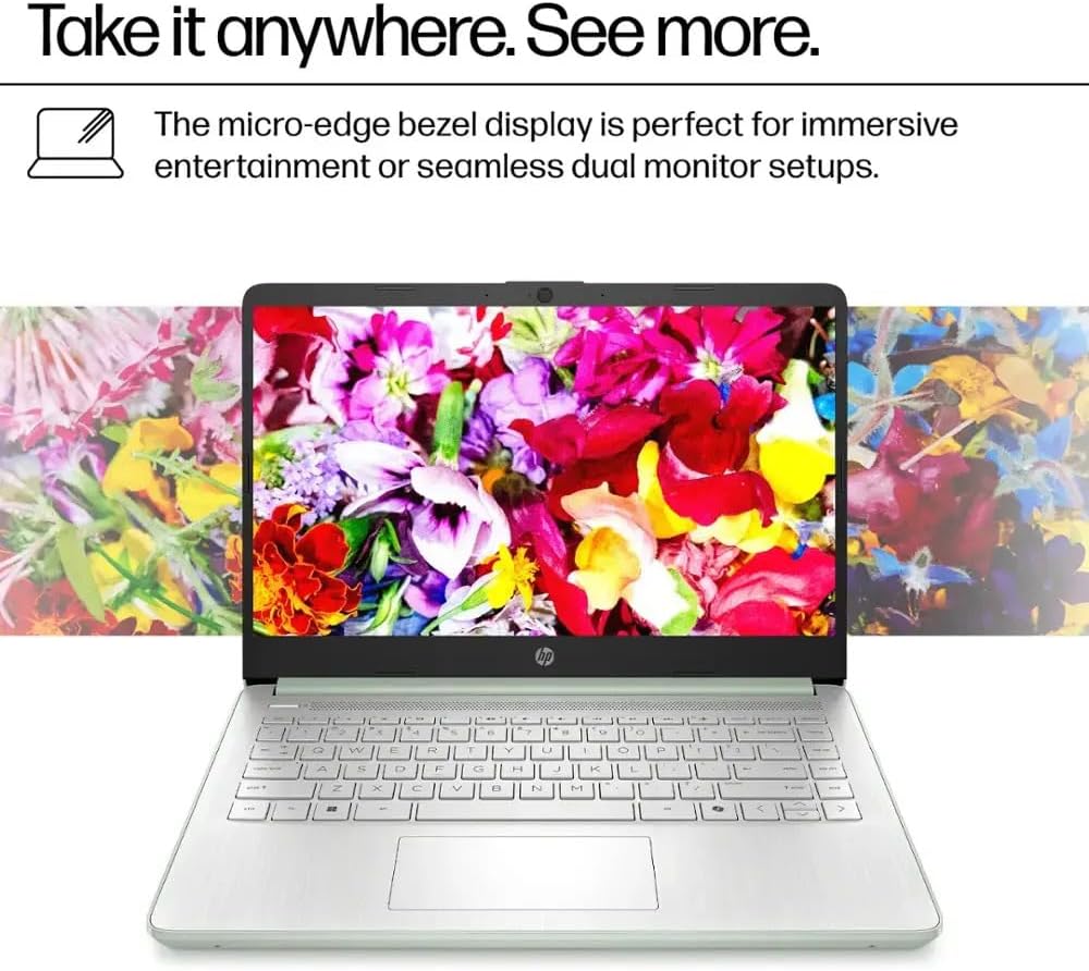 HP Ultra Thin 14' Laptop with Copilot, Intel N150, 16GB RAM, 384GB(128GB eMMC+256GB SD Card) • HUB • Mouse, Windows 11 Pro, 1-Year Office 365, Lightweight Green Notebook for Work & School