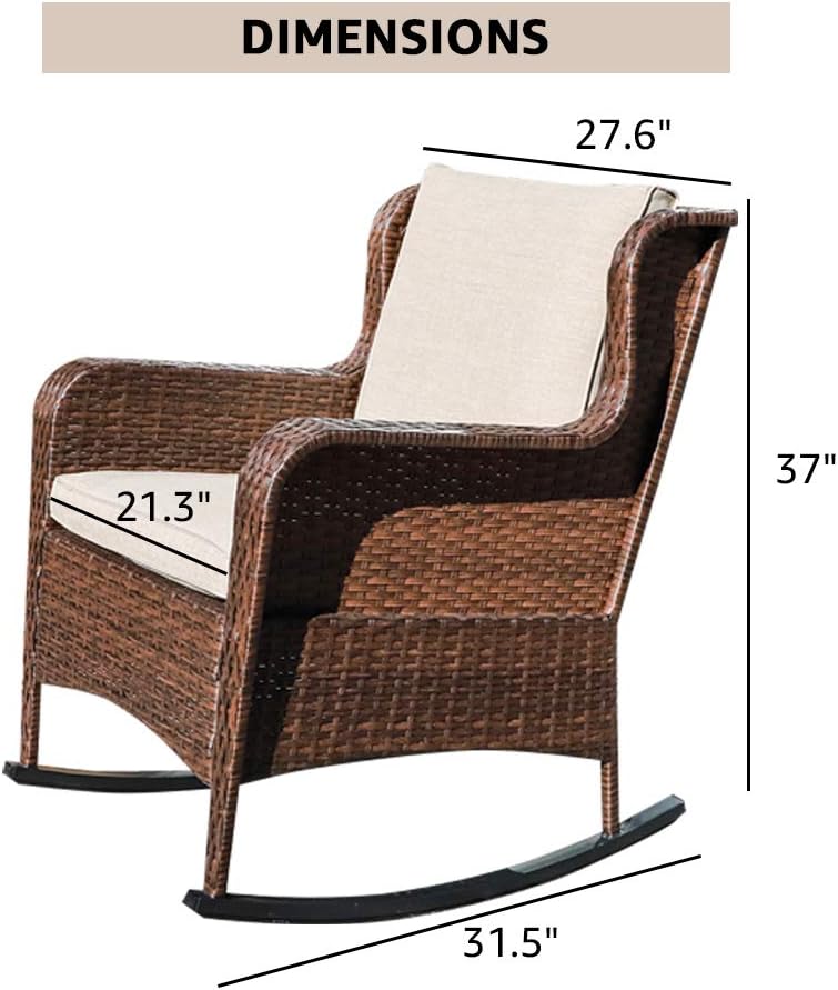 SUNSITT Outdoor Resin Wicker Rocking Chair with Olefin Cushions, Patio Yard Furniture Club Rocker Chair, Brown Wicker & Beige Cushions