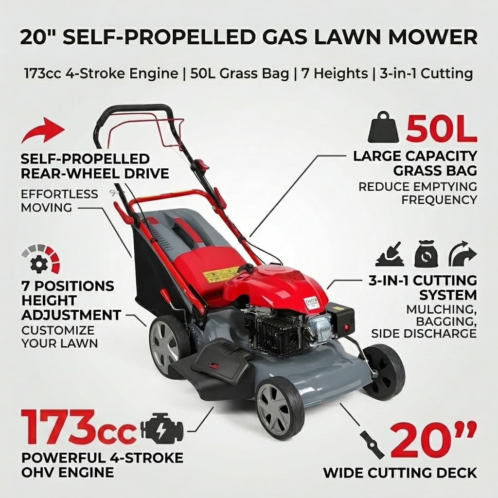 173cc 20' Gas Lawn Mower, Self-Propelled Lawn Mowers with 18' Cutting Width, Adjustable Cutting Height 25-75mm & 60L Grass Catcher, Push Mower for Large Yards and Uneven Ground Red