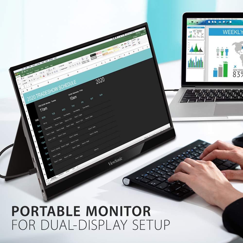 ViewSonic VG1655 15.6 Inch 1080p Portable Monitor, IPS Display with Eye Care for Comfortable Mobile Workspaces and Second Screen Productivity, Built-in Stand, 60W USB-C, and mini HDMI Inputs
