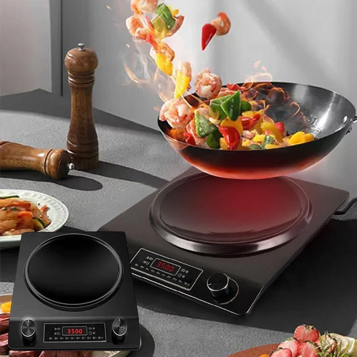 3500-Watt Induction Cooktop with Concave Design, with 10 Temperature Levels, Portable Multifunctional Concave Induction Stove Electric Heater, with LCD Display & Knob Control (GOLD)