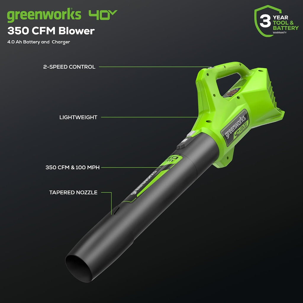Greenworks 40V 16' Brushless Cordless (Push) Lawn Mower + Blower (350 CFM), 4.0Ah Battery and Charger Included (75+ Compatible Tools)