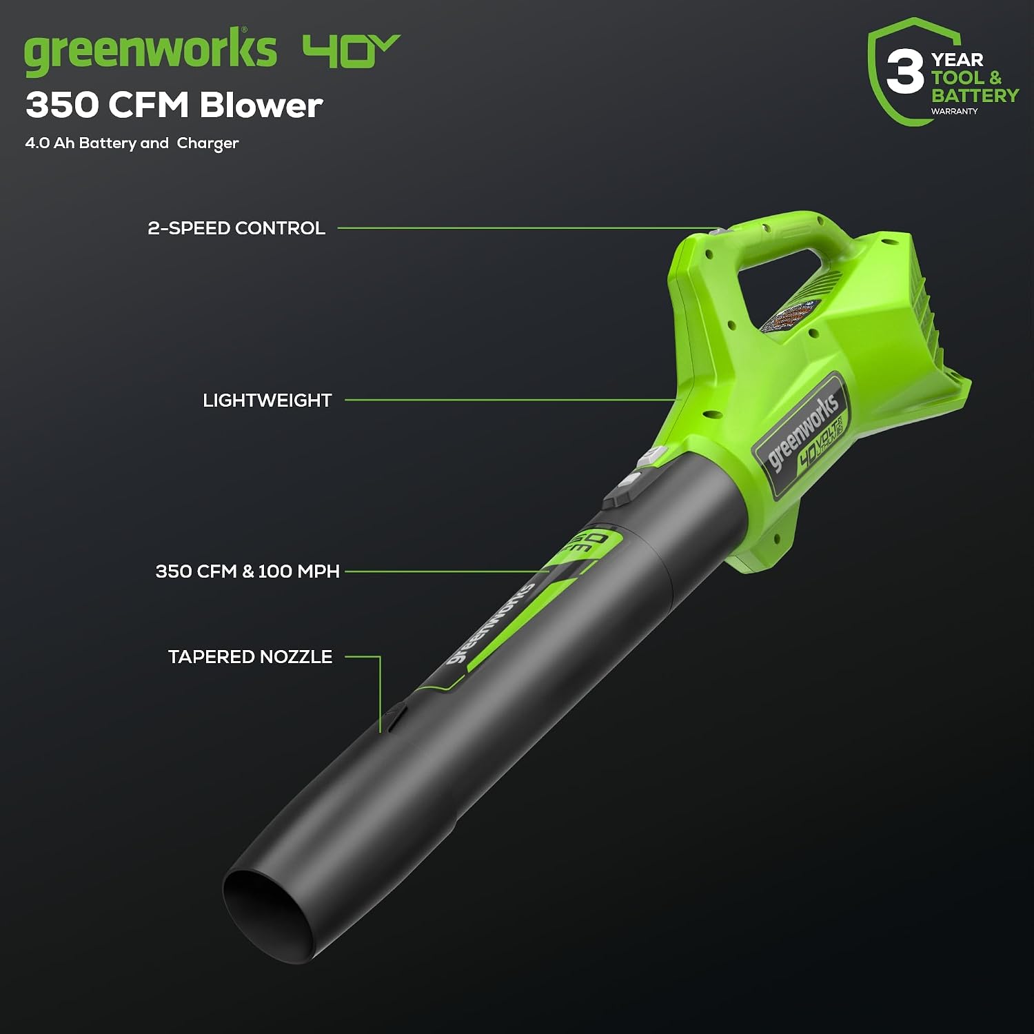 Greenworks 40V 16' Brushless Cordless (Push) Lawn Mower + Blower (350 CFM), 4.0Ah Battery and Charger Included (75+ Compatible Tools)