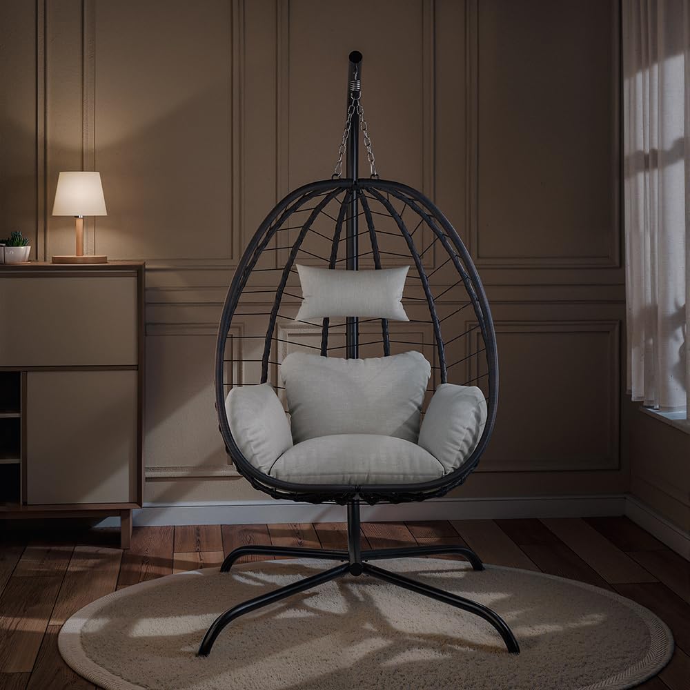 Kurapika Egg Swing Chair Indoor Outdoor Patio Wicker Rattan Hanging Egg Chair with Stand, Hammock Swing with Cushioned Headrest, 350LB Capacity for Bedroom, Balcony, Garden (Beige)
