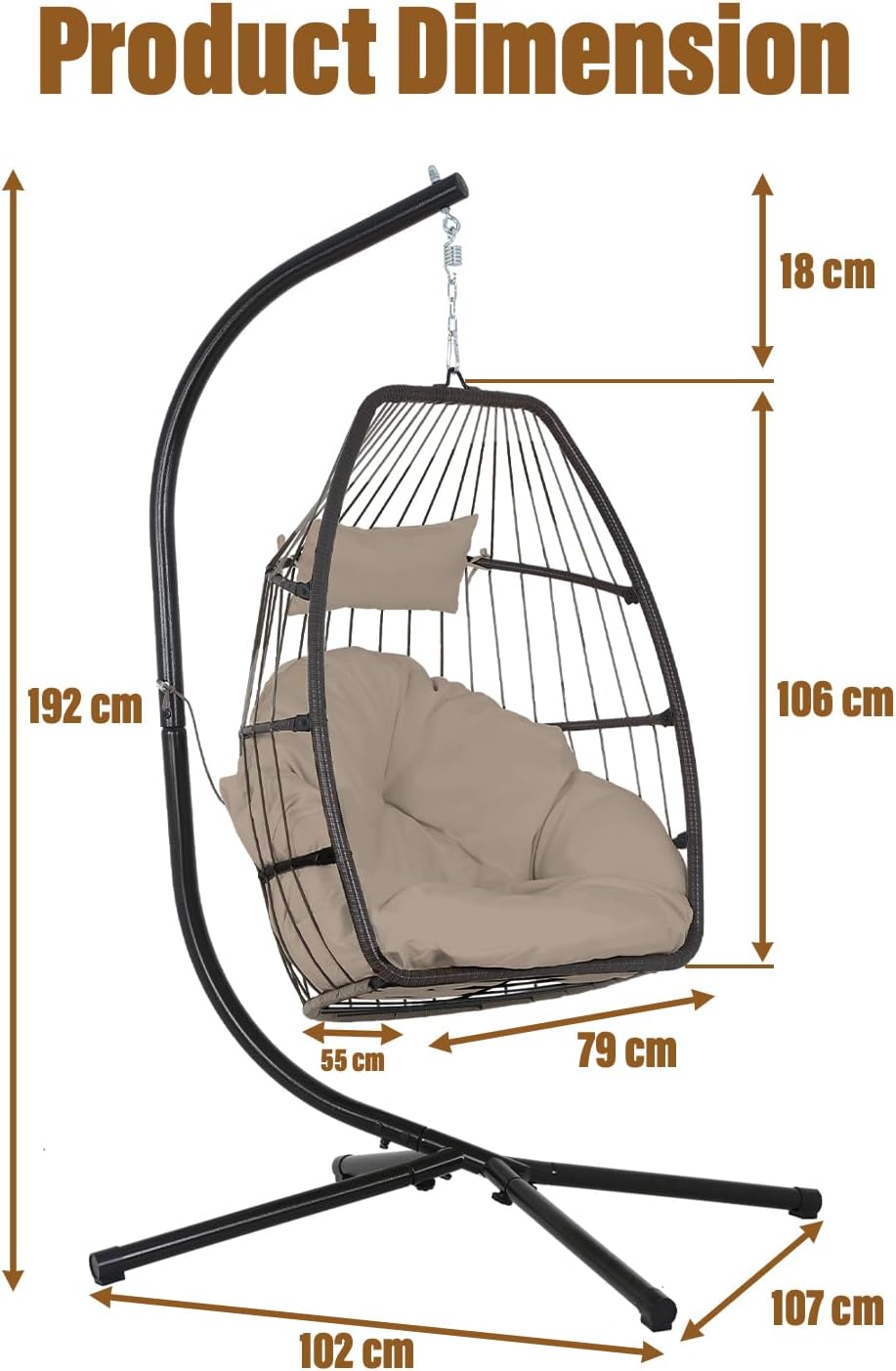 BestOffice Egg Chair Indoor Outdoor with Stand Swing Hanging Rattan Patio Basket Chair with Soft Cloud Polyester Cushion Adjustable Headset for Bedroom Outdoor Garden Swimming Pool Porch, Tan
