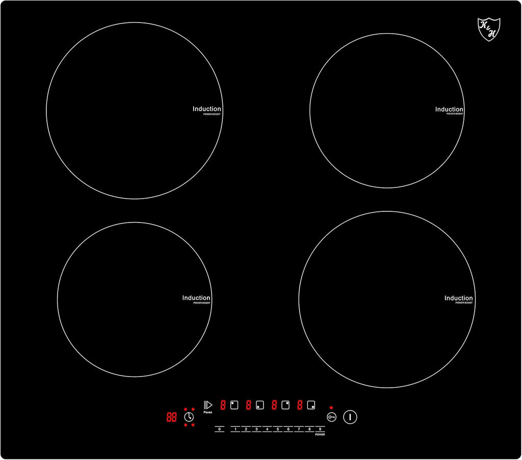 K&H 4 Burner Induction Cooktop - 24 Inch Built-In Electric Cermic Stove Top - 17 Heating Levels, 240V, 6000W High-Power Built-in Electric Stove Top - Child Lock, Timer & Touch Control - IN24-6004