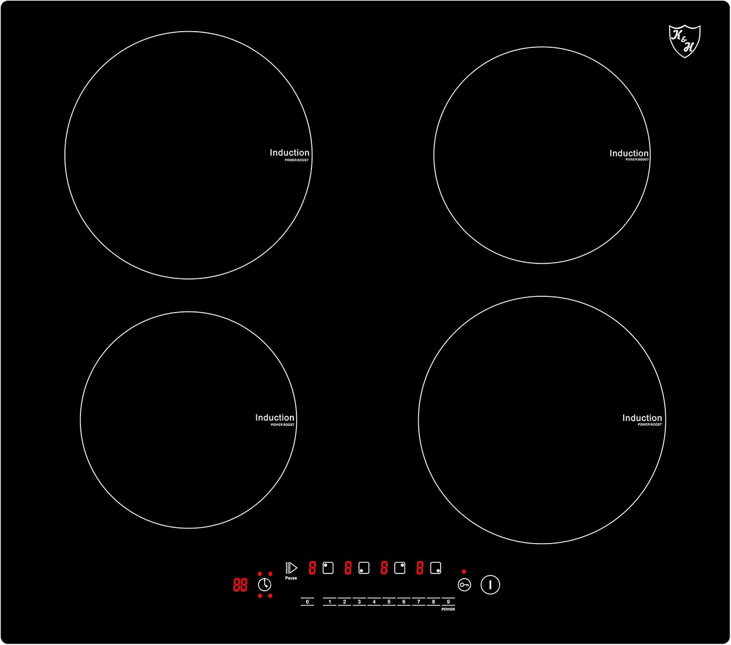 K&H 4 Burner Induction Cooktop - 24 Inch Built-In Electric Cermic Stove Top - 17 Heating Levels, 240V, 6000W High-Power Built-in Electric Stove Top - Child Lock, Timer & Touch Control - IN24-6004