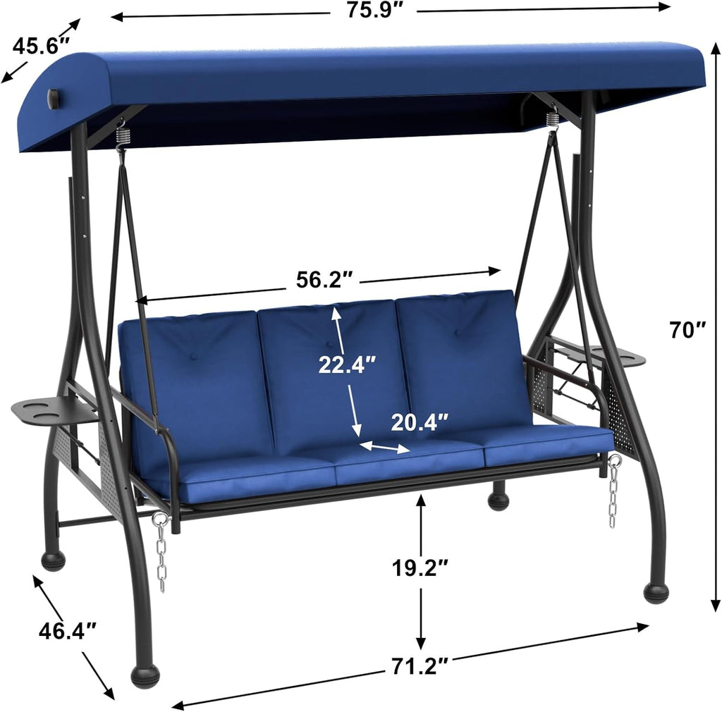 3 Seat Outdoor Porch Swing Chair with Adjustable Canopy, Patio Glider Swing Bed with Removable Cushion & Foldable Side Tray for Garden Backyard Deck Blue