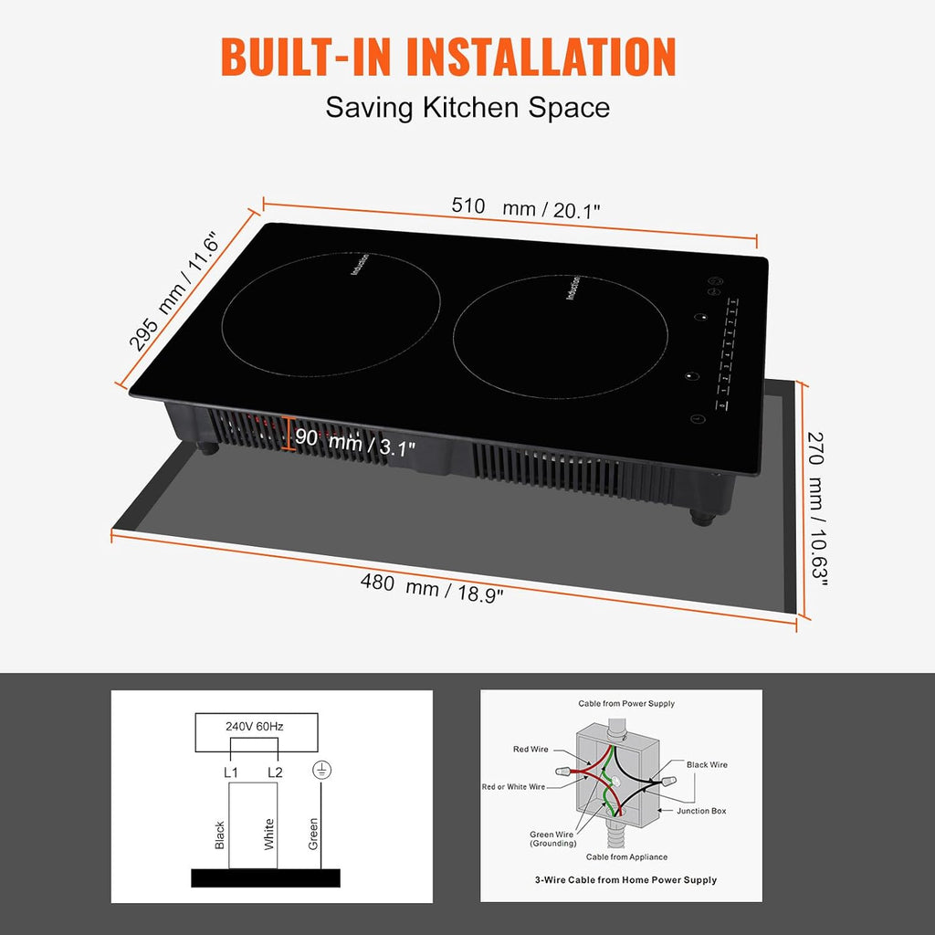 VEVOR Electric Cooktop, 2 Burners, 12'' Induction Stove Top, Built-in Magnetic Cooktop 1800W, 9 Heating Level Multifunctional Burner, LED Touch Screen w/Child Lock & Over-Temperature Protection