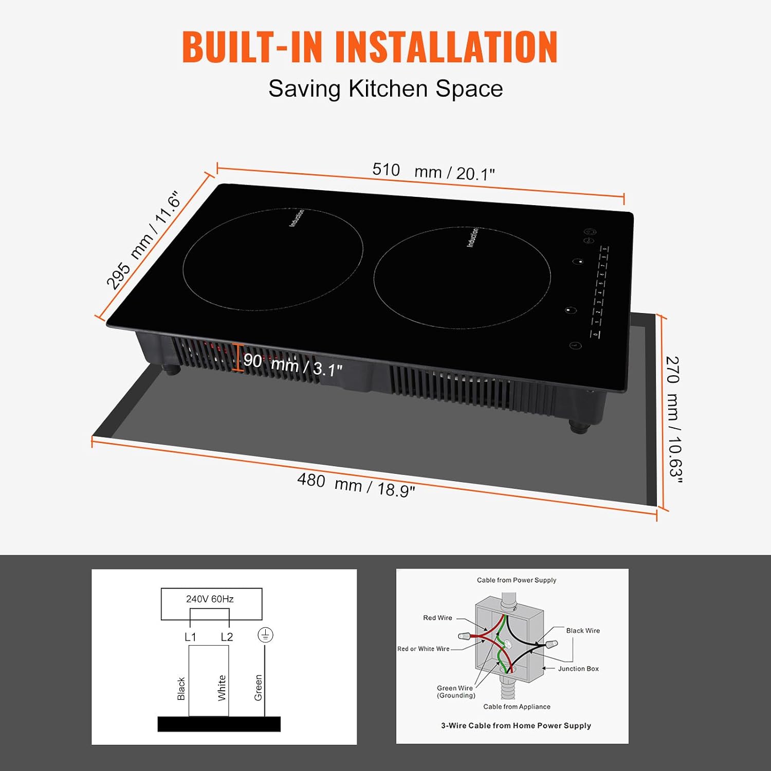 VEVOR Electric Cooktop, 2 Burners, 12'' Induction Stove Top, Built-in Magnetic Cooktop 3000W, 9 Heating Level Multifunctional Burner, LED Touch Screen w/Child Lock & Over-Temperature Protection