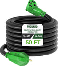 RVGUARD 50 Amp 50 Foot RV/EV Extension Cord with Reverse Polarity Indicator, NEMA 14-50P/R Heavy Duty Extension Cord with Cord Organizer, Green, ETL Listed