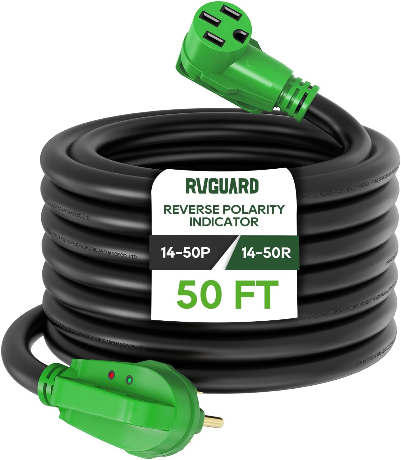 RVGUARD 50 Amp 50 Foot RV/EV Extension Cord with Reverse Polarity Indicator, NEMA 14-50P/R Heavy Duty Extension Cord with Cord Organizer, Green, ETL Listed