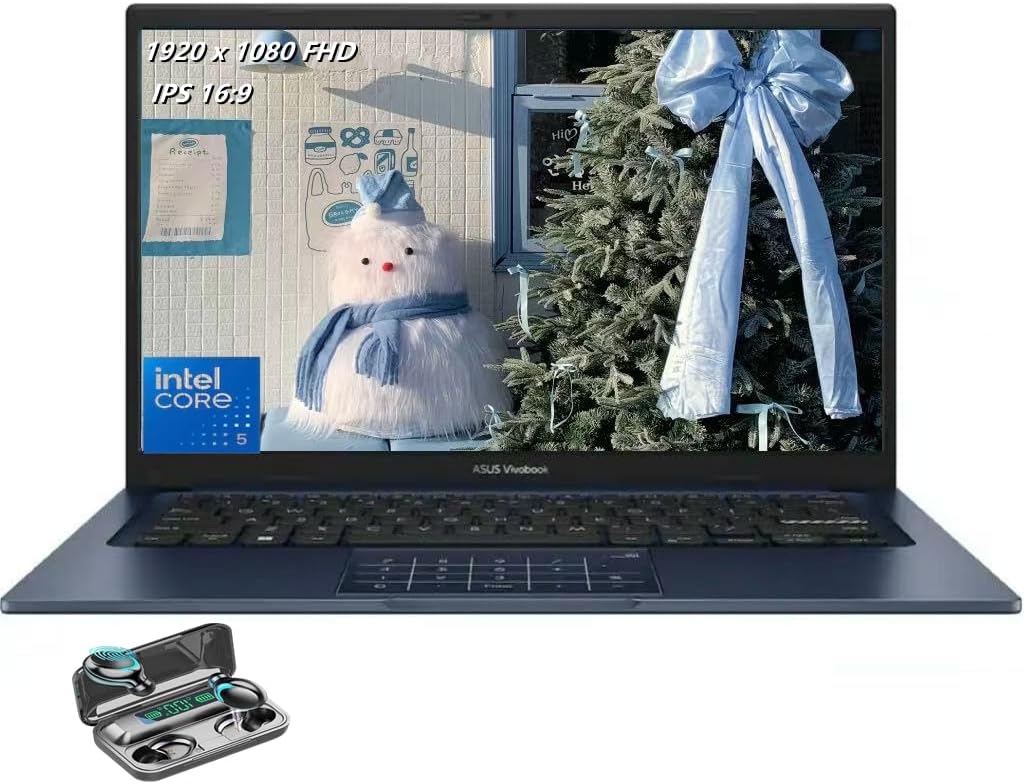 ASUS Vivobook 14 Laptop, 14' IPS 1920 x 1080 (Full HD) LED Display, Intel i5-120U, Deca-Core, 8GB RAM, 256GB SSD, HDMI, Quiet Blue, Windows 11 Home in S Mode, TWE Wireless Earbuds
